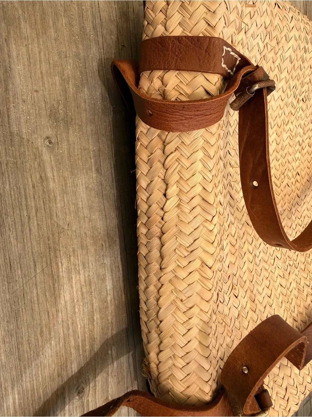 Natural Straw Backpack with Brown Leather Trim